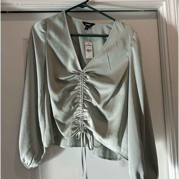 Brand new soft silvery green ruched drawstring front blouson sleeves top~ - Picture 2 of 6